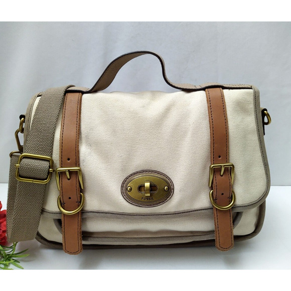 Fossil Long Live Vintage 54 Ivory Canvas Turnlock Flap Messenger Crossbody Bag - Picture 1 of 15